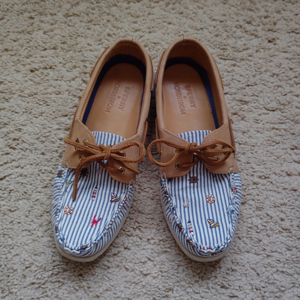 Sperry Women's Tan and Blue Striped Boat Shoes - Picture 2 of 7